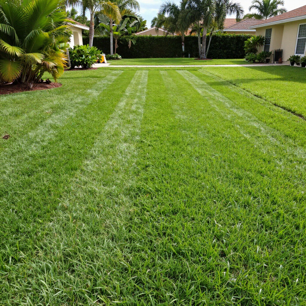 A backyard lawn with light and dark green striped mowing patterns, surrounded by palm trees and houses.