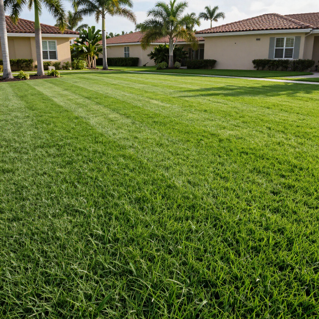 A person in a green shirt and blue jeans rakes brown fallen leaves into piles on a residential lawn.