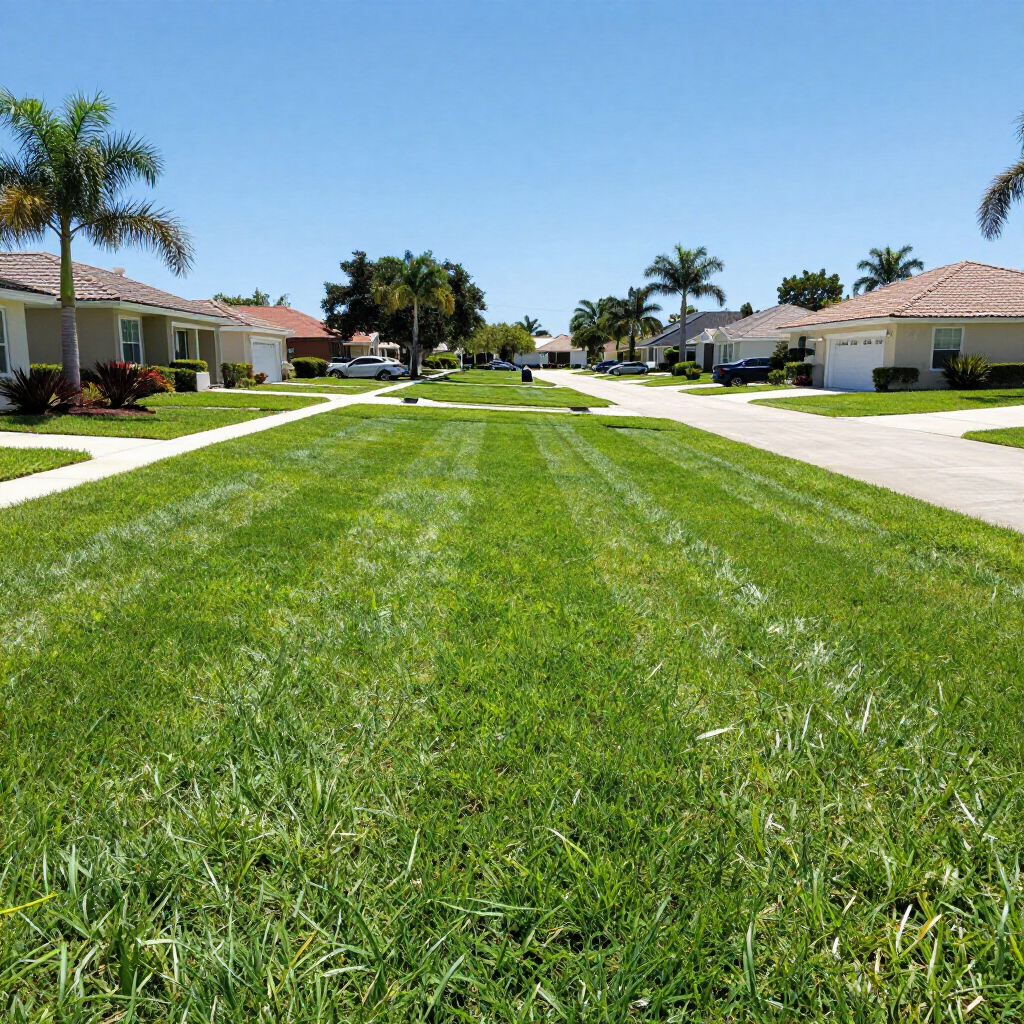 A sunlit residential street with neatly mown lawns, palm trees, and single-story houses under a clear blue sky. A sunlit residential street with neatly mown lawns, palm trees, and single-story houses under a clear blue sky.