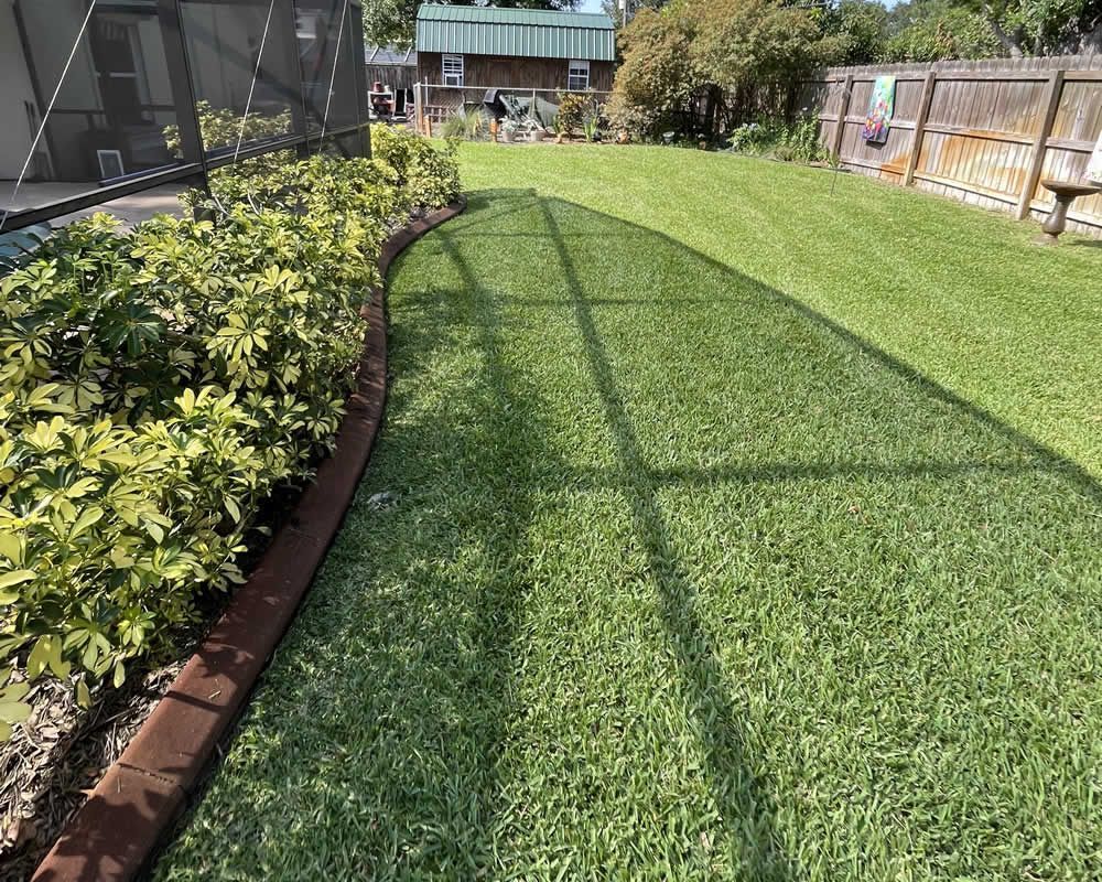 A person in blue overalls kneels in a suburban garden, planting small green plants into the soil on a sunny day.