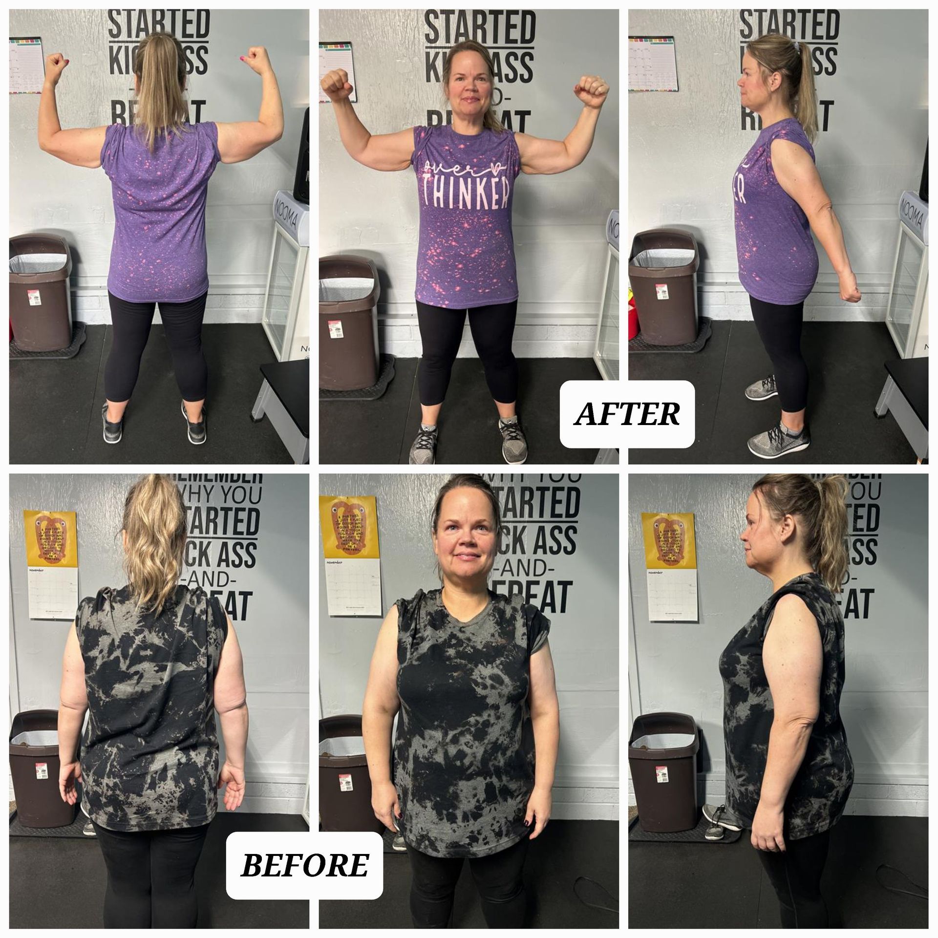 A collage of photos of a woman 's before and after weight loss