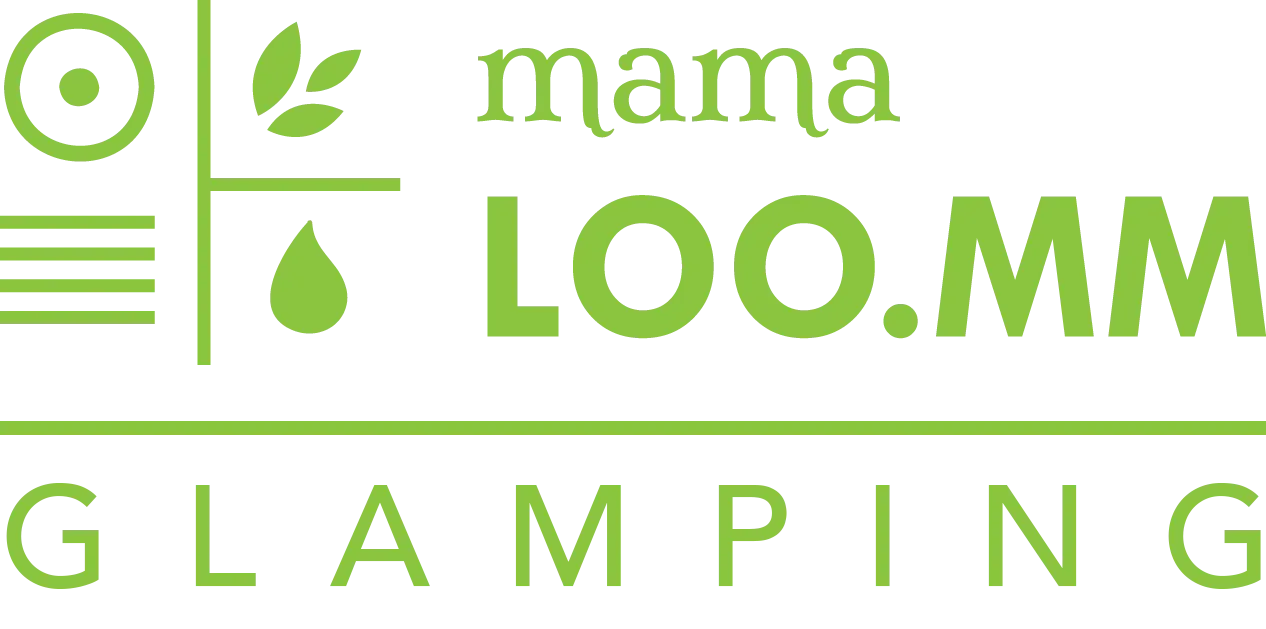 Logo for Mama Loo glamping, green with icons, text: mama Loo.MM, 