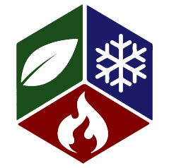 A hexagon divided into three colored sections: a green leaf, a blue snowflake, and a red flame.