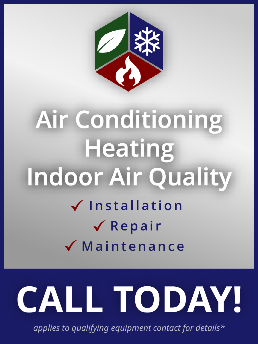An advertisement for HVAC services, featuring a logo with icons for air, heat, and cooling, with