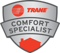 A silver shield-shaped logo featuring the red Trane logo, the text 