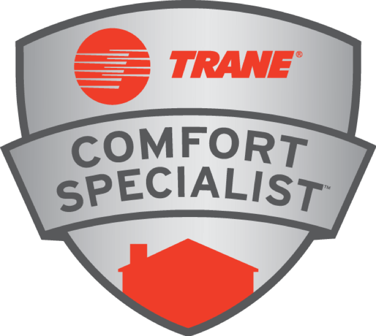 A silver shield-shaped logo featuring the red Trane logo, the text 
