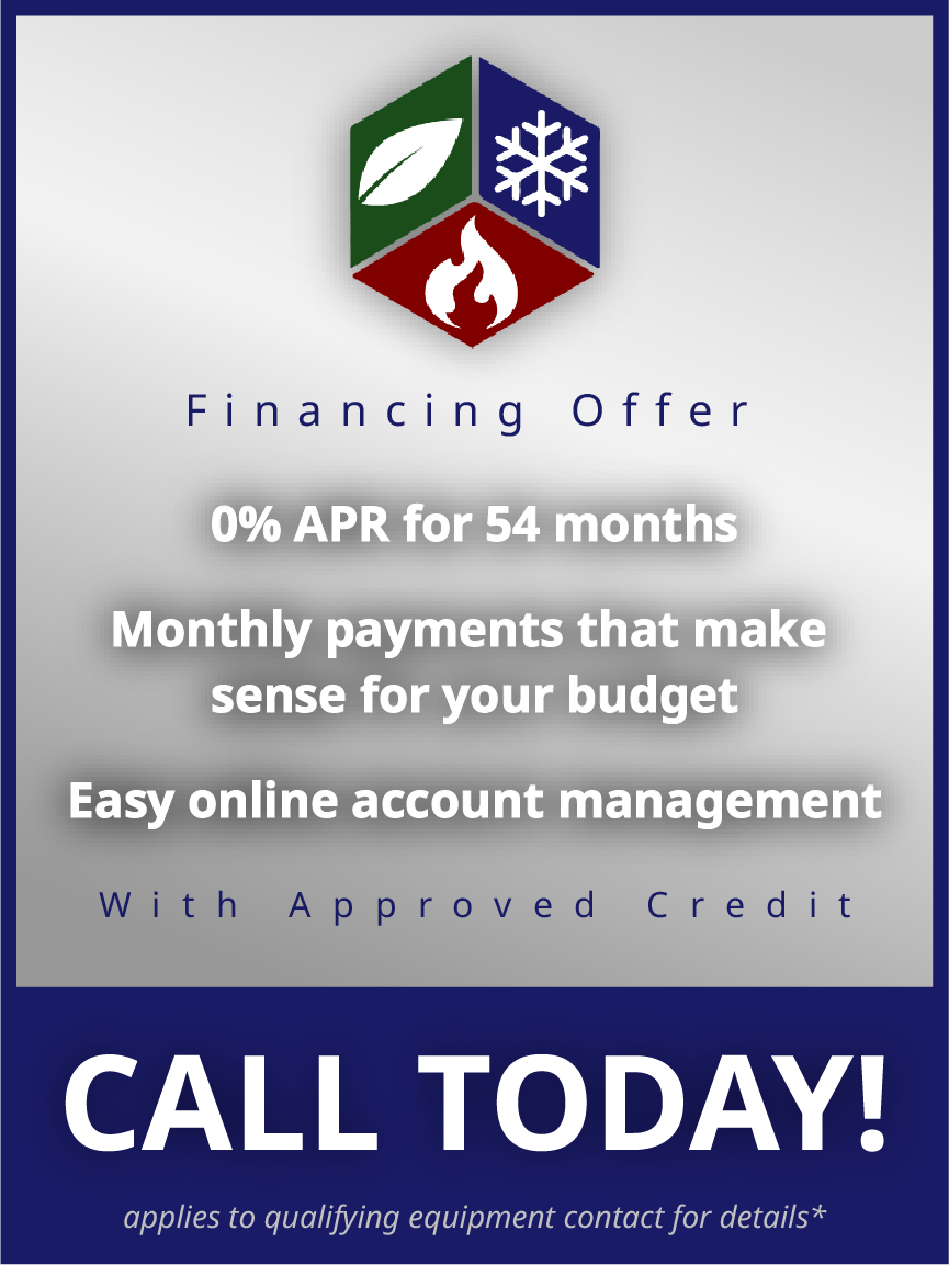 A promotional flyer offering 0% APR for 54 months on HVAC financing with approved credit.