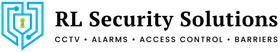 A logo for rl security solutions with a shield on it