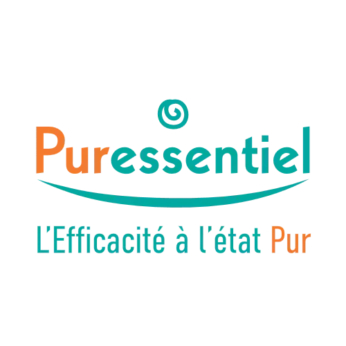 Logo Puressentiel in arancione e verde acqua con lo slogan