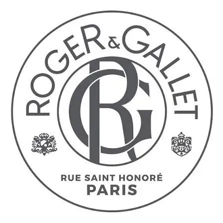Logo di Roger & Gallet Paris in nero e grigio, con monogramma circolare e scritta Rue Saint Honoré.