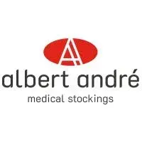 Logo delle calze medicali Albert André con ovale rosso e monogramma bianco sopra testo grigio