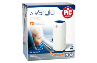 Confezione del purificatore d'aria AirStylo PIC solution con illustrazione di un bambino e dispositivo bianco.