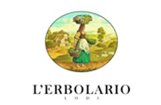 Logo di L'Erbolario con illustrazione circolare di una donna con gonna verde in una scena di campagna