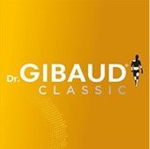 Logo classico del Dr. Gibaud su sfondo arancione con una piccola figura in piedi