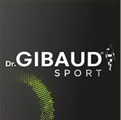 Logo Dr. GIBAUD SPORT su sfondo nero con arco tratteggiato verde e icona del corridore.