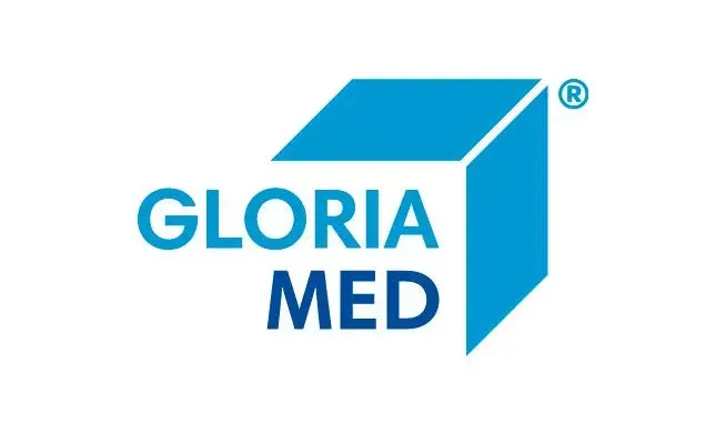 Logo GLORIA MED in blu con icona stilizzata a forma di cubo.