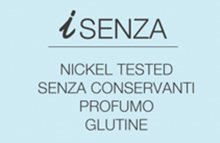 Logo iSENZA con testo: testato al nichel, senza conservanti, senza profumo, senza glutine