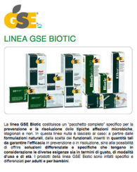 Poster promozionale per “Linea GSE Biotic” con riquadri prodotto verdi e bianchi e testo in italiano.