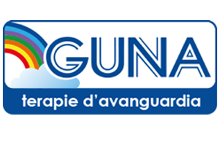 Logo GUNA con arco arcobaleno e scritta blu “terapie d'avanguardia”.