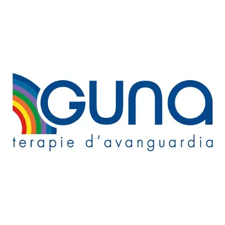 Logo GUNA con arco multicolore e testo blu “terapie d'avanguardia”