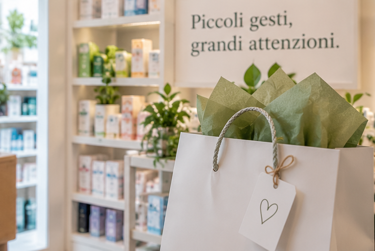 Gift bag with green tissue in a shop, beside the Italian text “Piccoli gesti, grandi attenzioni.”