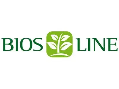 Logo BIOS LINE con icona a forma di foglia verde e testo su sfondo bianco.