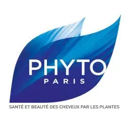 Logo PHYTO PARIS in blu con grafica a foglia e slogan in francese sulla cura dei capelli a base vegetale.