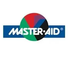 Logo MASTER-AID con testo bianco su una barra blu e un disegno circolare multicolore sopra di essa.