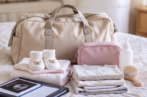 Borsone da viaggio beige con vestiti piegati, scarpine da neonato, pochette rosa, biberon e spazzola su un letto.