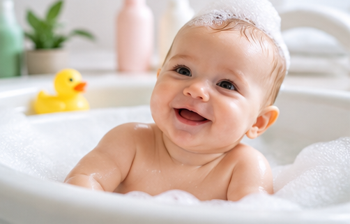 Un bambino sorridente immerso nella schiuma di un bagno, con un'anatra di gomma gialla sullo sfondo.