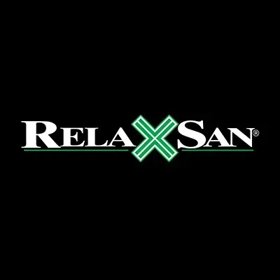 Logo Relaxsan in bianco e verde su sfondo nero.