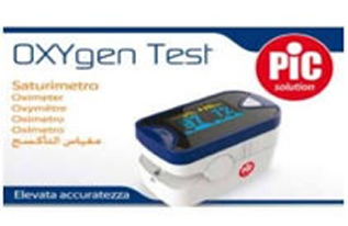 Confezione blu e bianca per ossimetro OXYgen Test con logo Pic Solutions e testo in italiano su sfondo bianco.