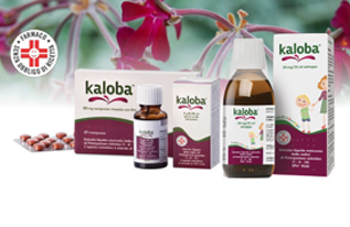Confezione e flacone del medicinale a base di erbe Kaloba con fiori rosa su sfondo bianco.