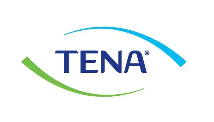 Logo TENA in blu con linee curve verdi e turchesi su sfondo bianco.