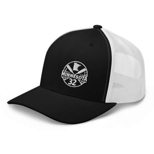 A black and white minnesota 32 trucker hat