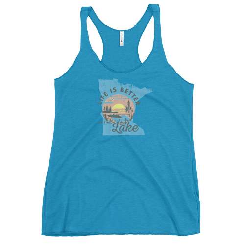 A blue tank top that says life is better at the lake