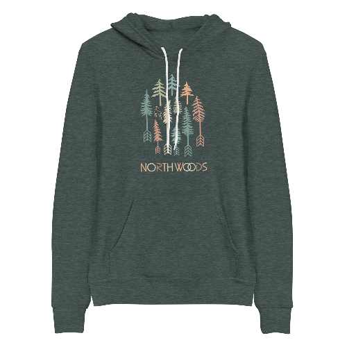 A green hoodie with trees and arrows on it