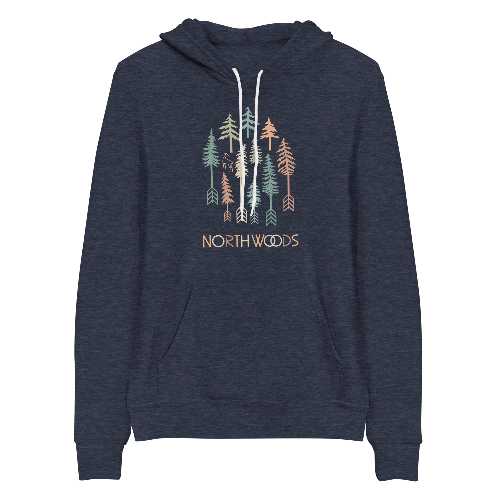A blue hoodie with trees and arrows on it