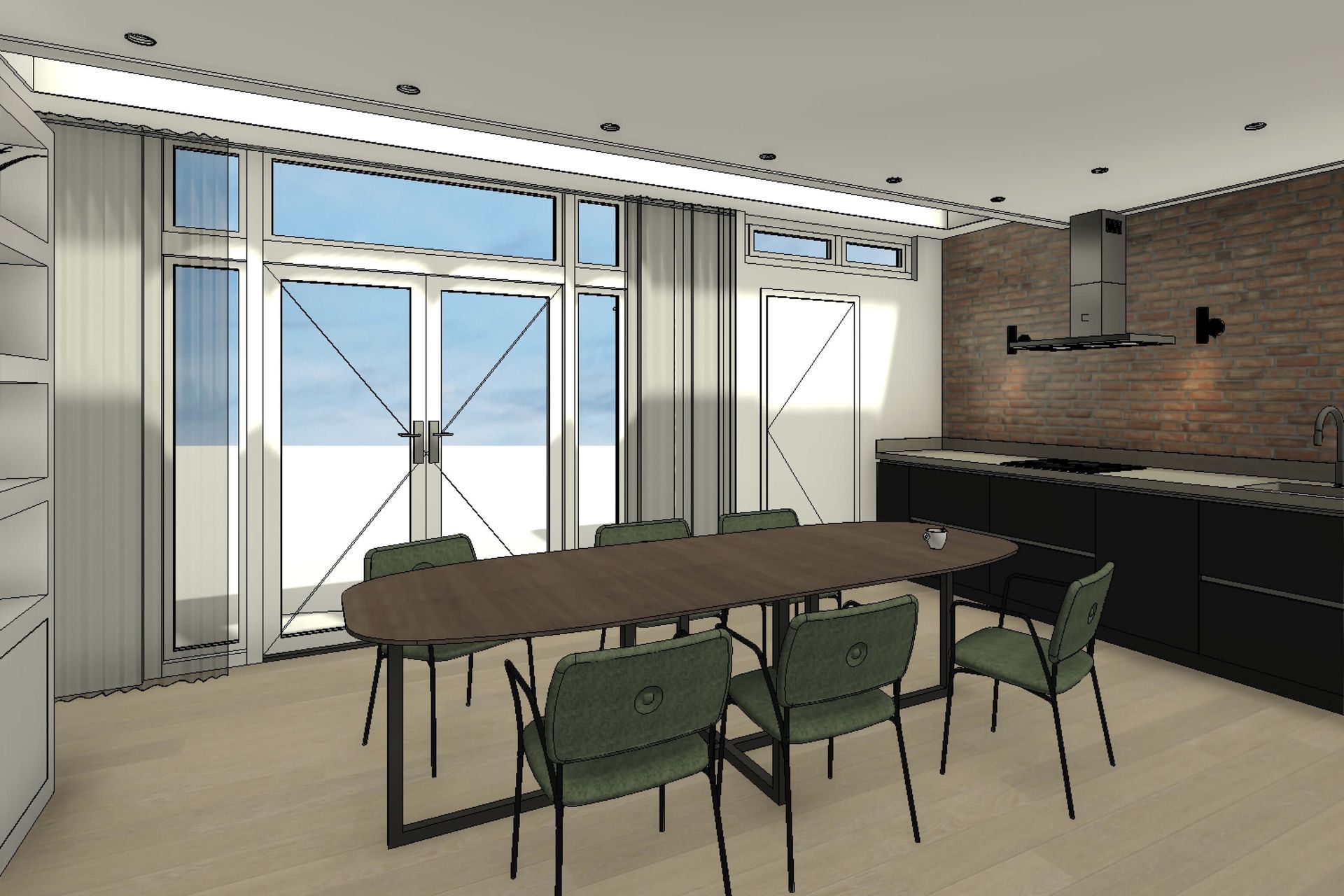 verbouw jaren 30 woning,keukenontwerp met bakstenen muur