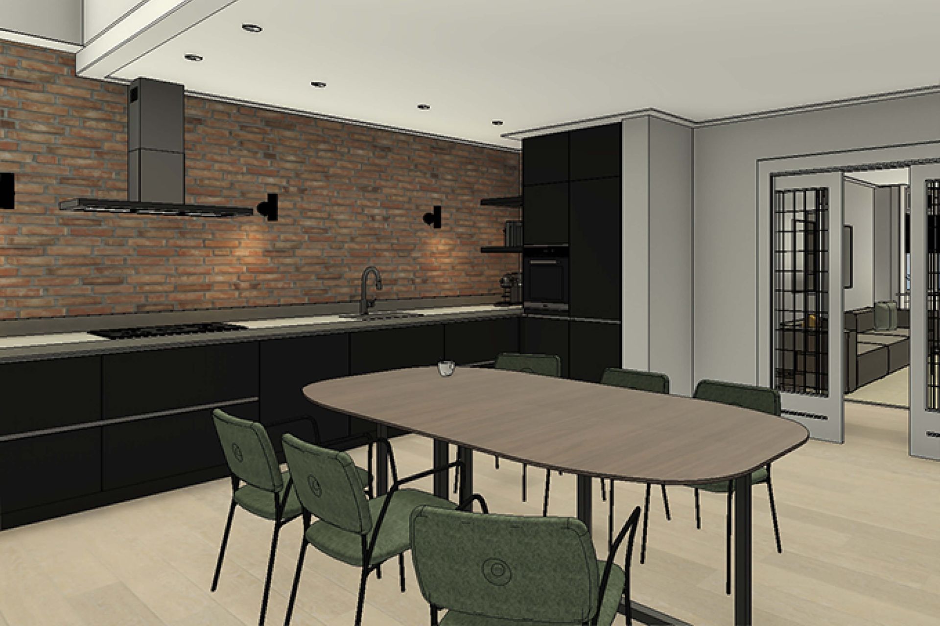 verbouw jaren 30 woning,keukenontwerp met bakstenen muur