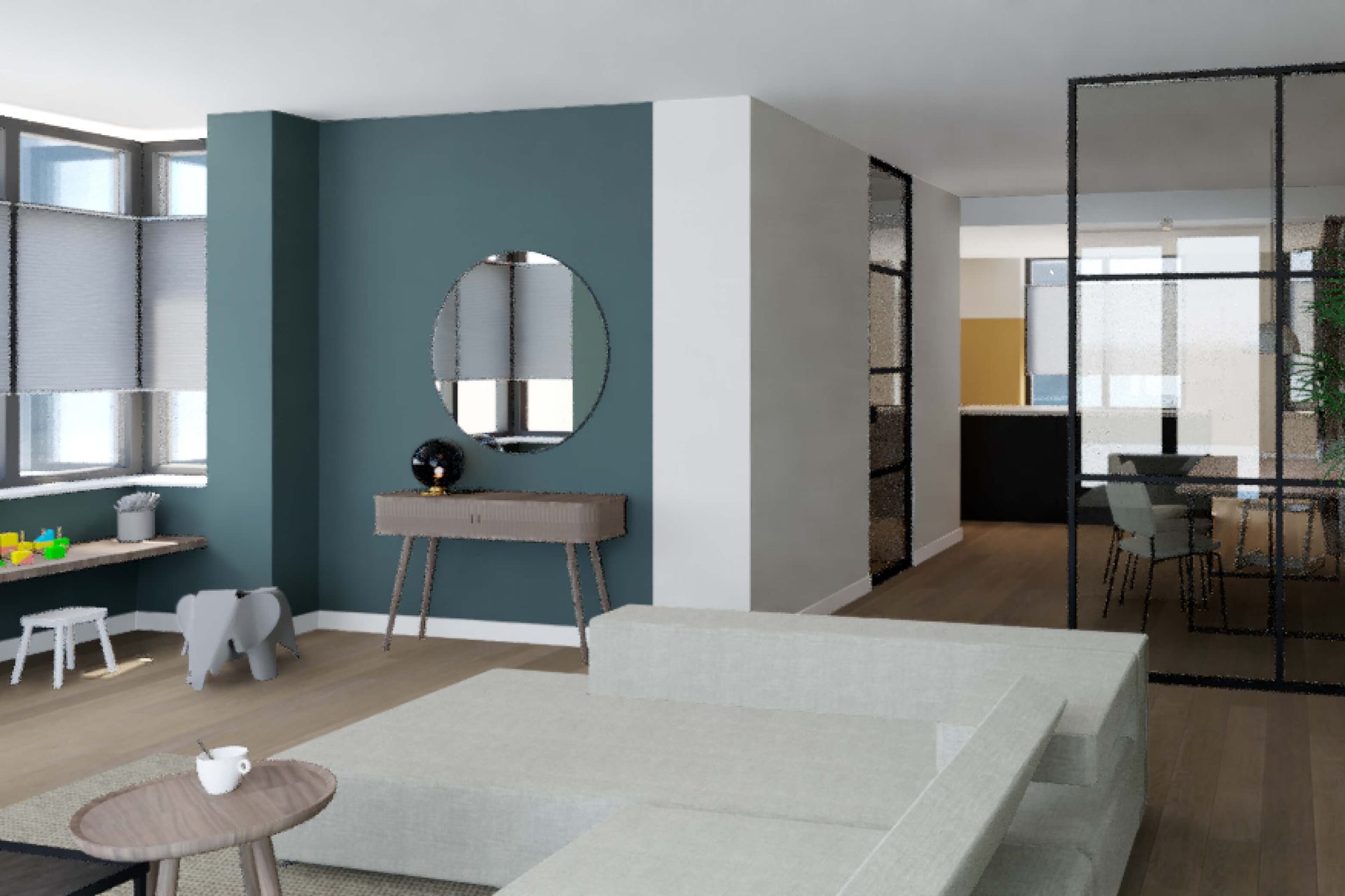 nieuwbouw woning vroonermeer noord, interieurontwerp woonkamer, scandinavisch en kleur