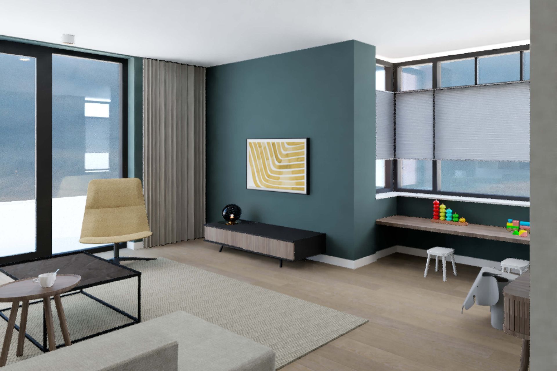 nieuwbouw woning vroonermeer noord, interieurontwerp woonkamer, scandinavisch en kleur