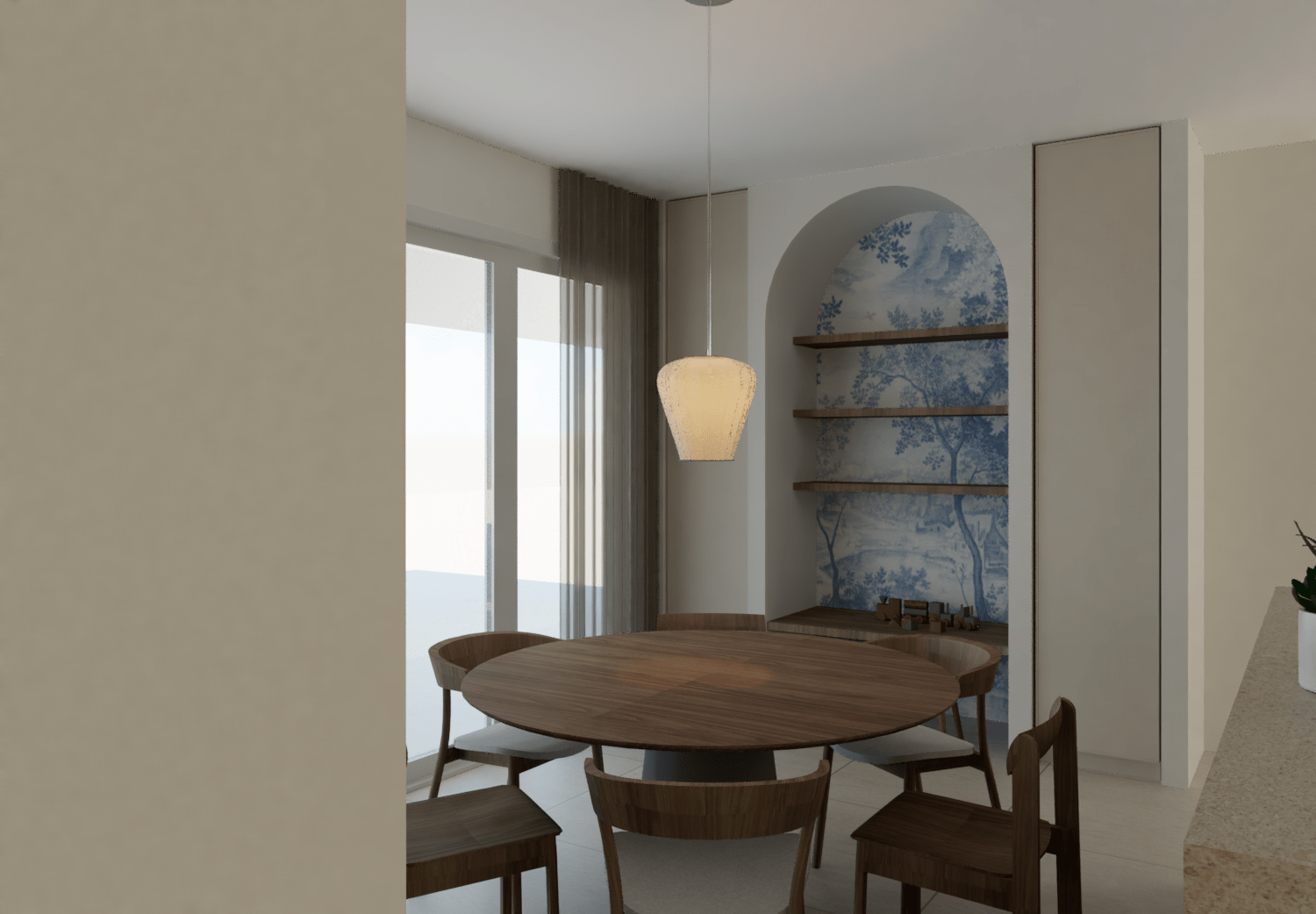 Japandi Woonstijl, keukenontwerp, eetkamer en speelhoek, houten eettafel