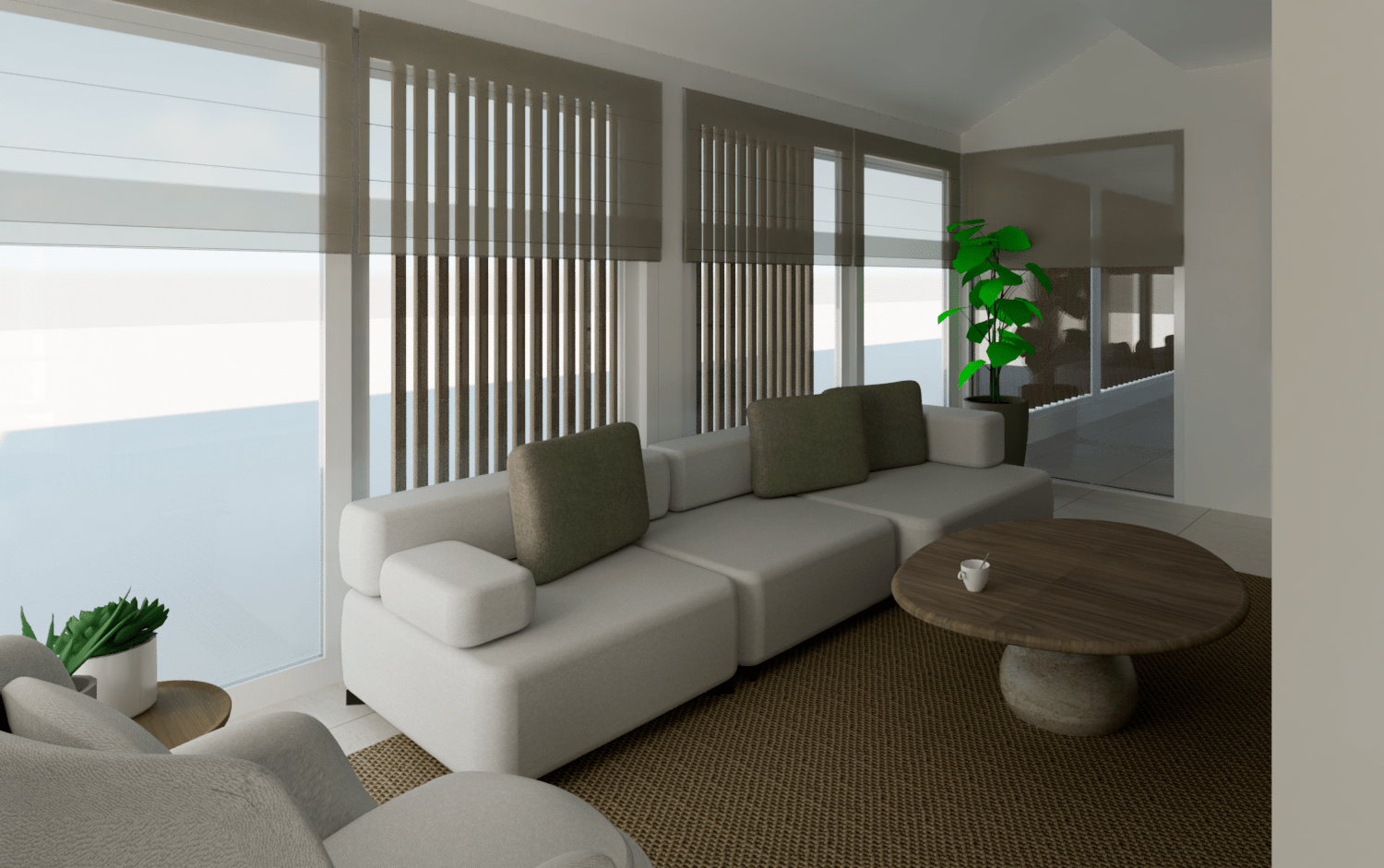 Japandi Woonstijl, interieurontwerp woonkamer, lichte kleuren en veel daglicht