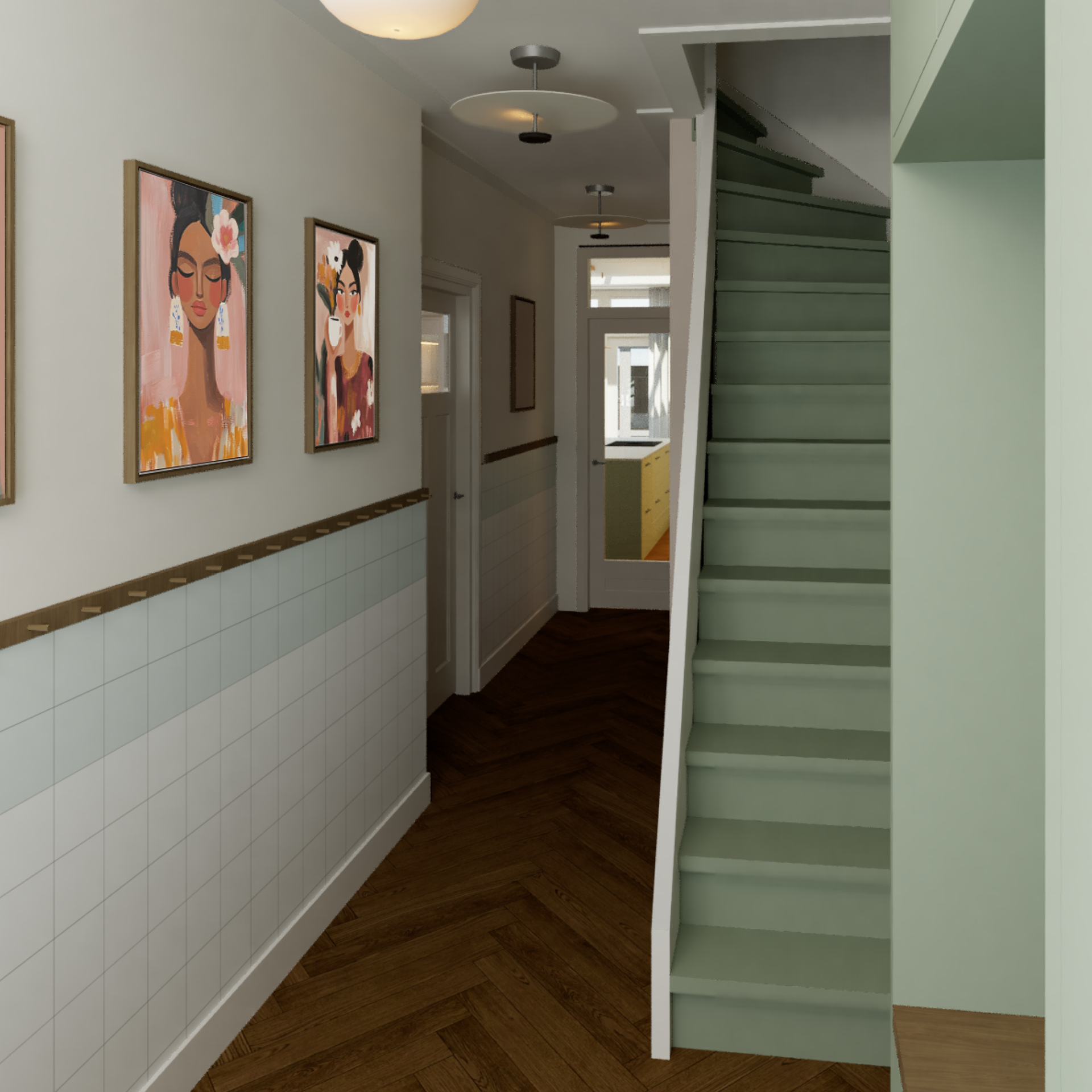 entree hal van een jaren 30 woning, impressie met schilderijen aan de wand