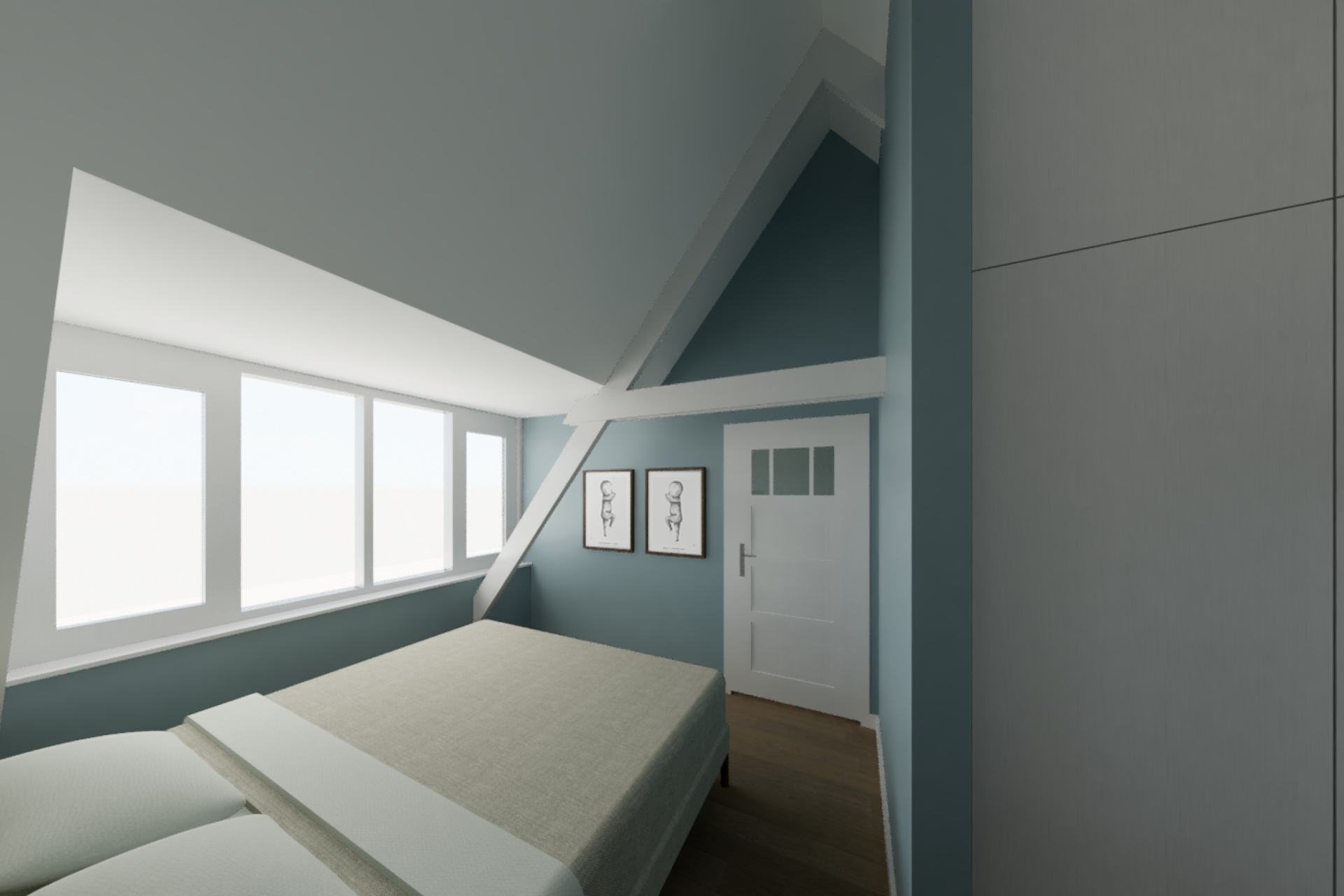 Een slaapkamer met een schuin plafond en een groot bed
