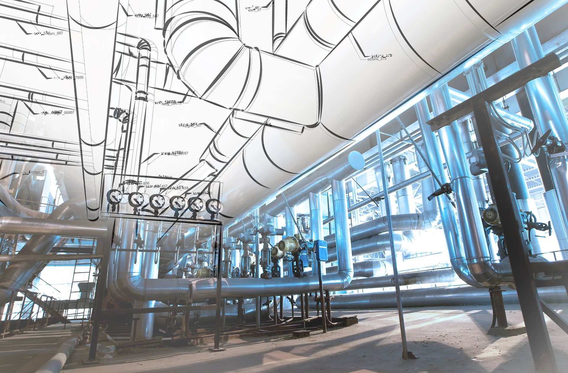 Stabilimento industriale con grandi condotti argentati, tubature blu e passerelle metalliche dietro vetrate.