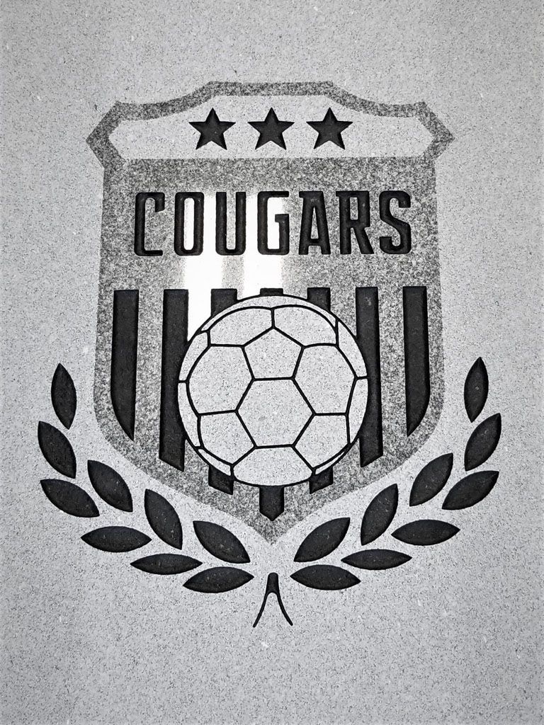Cougars soccer emblem with stars, bold text, and a soccer ball above laurel leaves