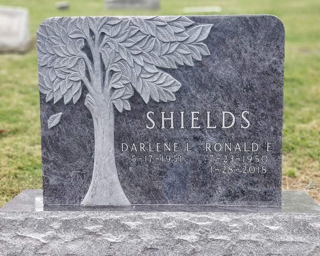 Gray gravestone with a carved tree and the name “Shields” in a cemetery