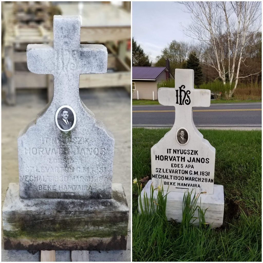 Two stone grave crosses in a cemetery, one close-up and one with Hungarian inscription by a roadside.